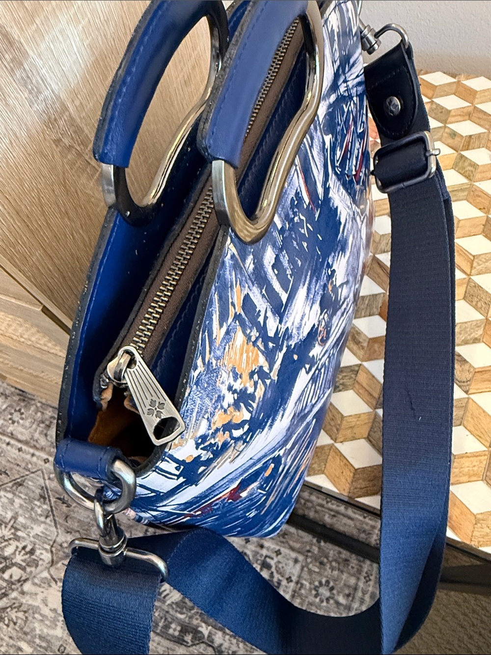 Patricia Nash Navy and Tan Painted Canvas Satchel - Picture 5 of 5